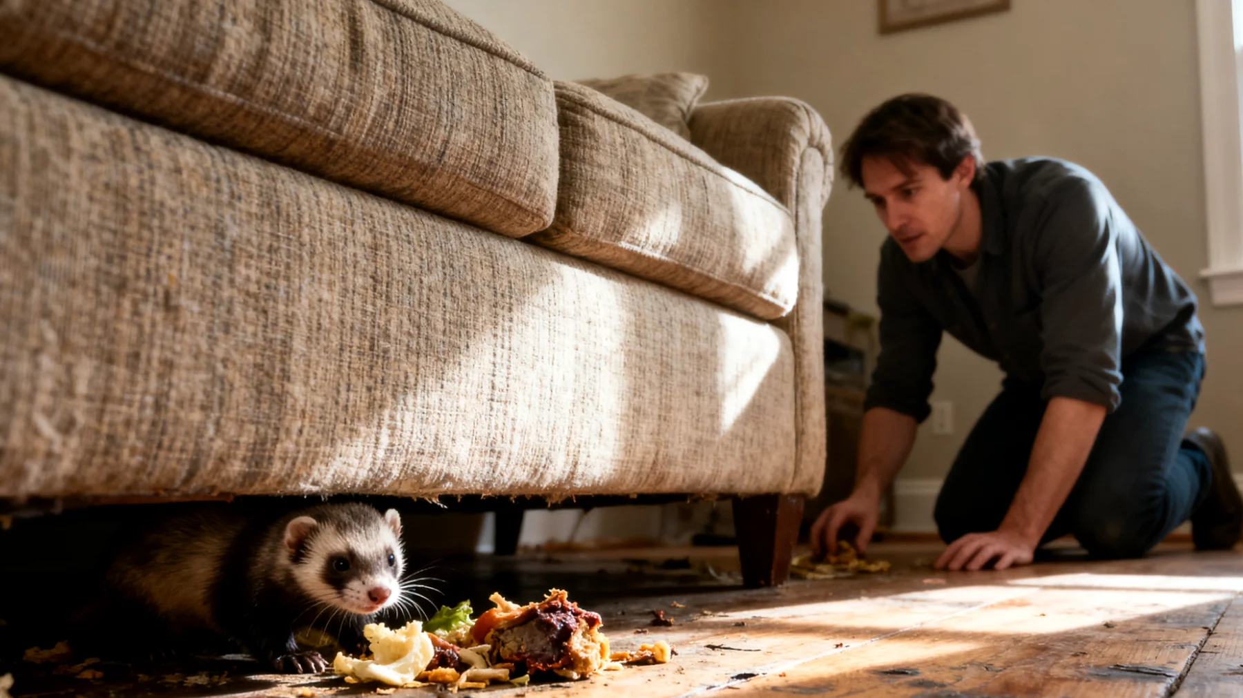 Frettchen neigen dazu, Futter zu horten und zu verstecken, was bei erwachsenen Tieren zu verdorbenen Futterresten in der Wohnung, unhygienischen Bedingungen und potentiellen Gesundheitsrisiken führen kann"
