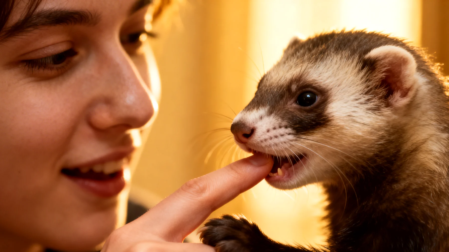 Frettchen-Welpen neigen dazu, während der Spielphase sehr stark zu beißen und haben noch nicht gelernt, die Beißkraft zu kontrollieren, was für Besitzer schmerzhaft sein kann und eine sanfte Beißhemmung erfordert"