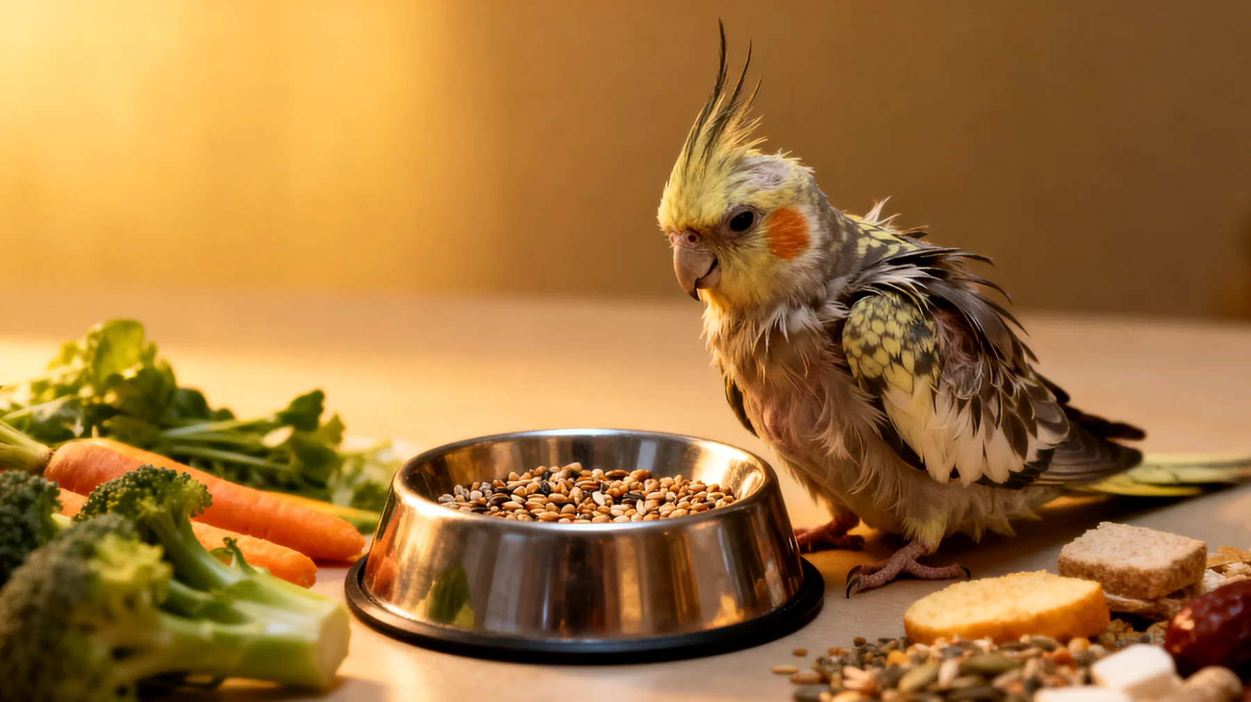 Erwachsene Nymphensittiche benötigen eine ausgewogene und artgerechte Ernährung, die über handelsübliches Vogelfutter hinausgeht, um Mangelerscheinungen, Übergewicht oder Verhaltensstörungen zu vermeiden"