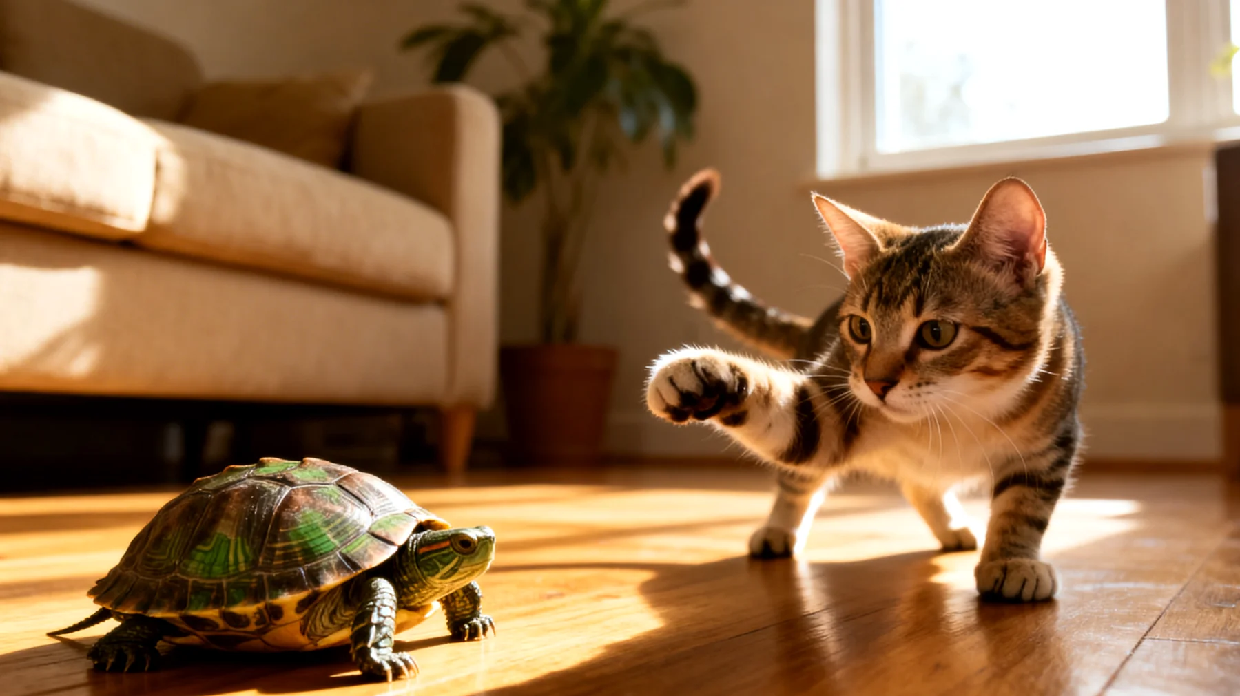 Schildkröten zeigen oft Stress oder aggressives Verhalten gegenüber anderen Haustieren im Haushalt, da sie unterschiedliche Bedürfnisse haben und andere Tiere sie als Bedrohung wahrnehmen oder umgekehrt die Schildkröte bedrängen können"