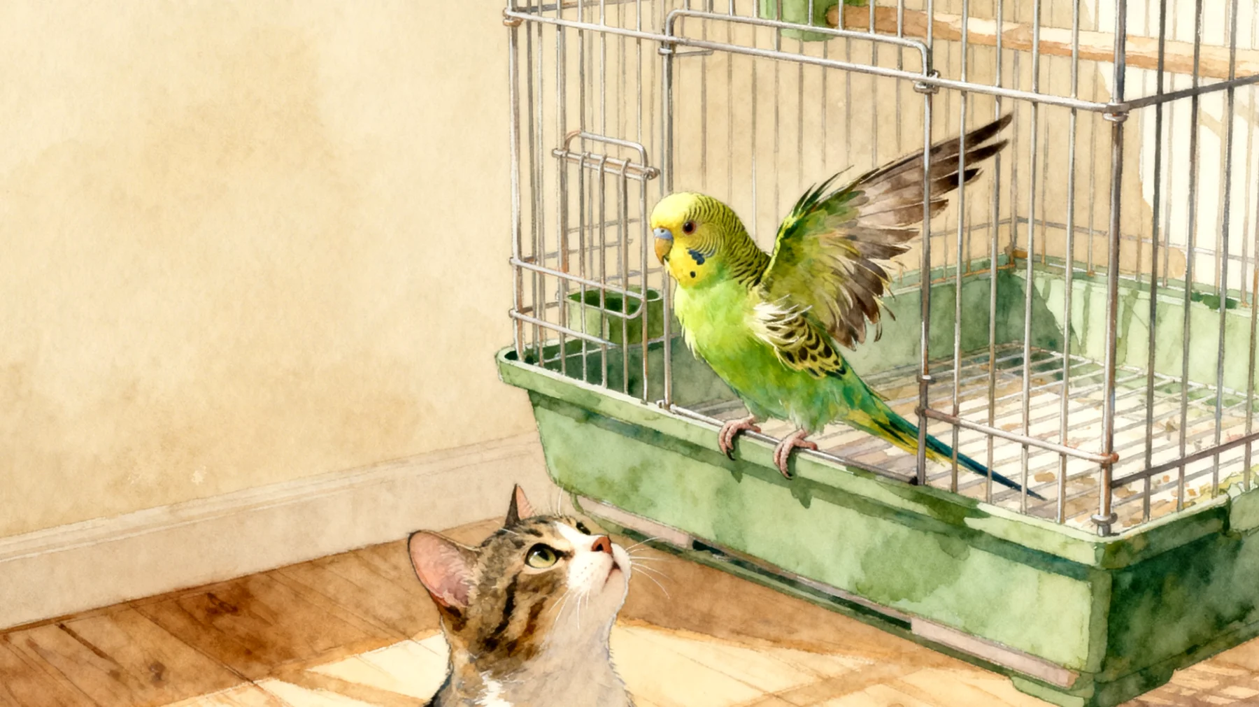 Wellensittiche zeigen Verhaltensauffälligkeiten oder Stress im Zusammenleben mit anderen Haustieren wie Katzen oder Hunden, die als natürliche Fressfeinde wahrgenommen werden"